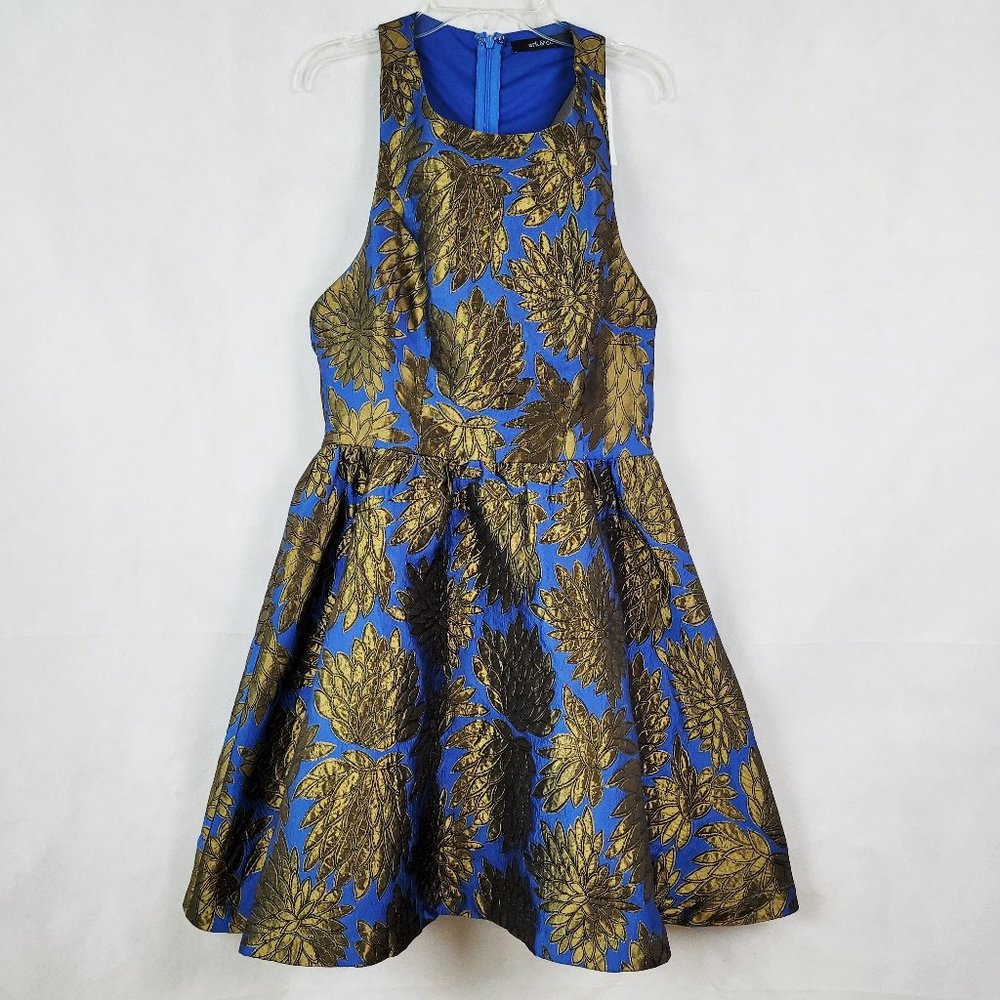 Arc & Co. Women's Dress M Blue Gold Metallic Halter Style Open Back Fit & Flare